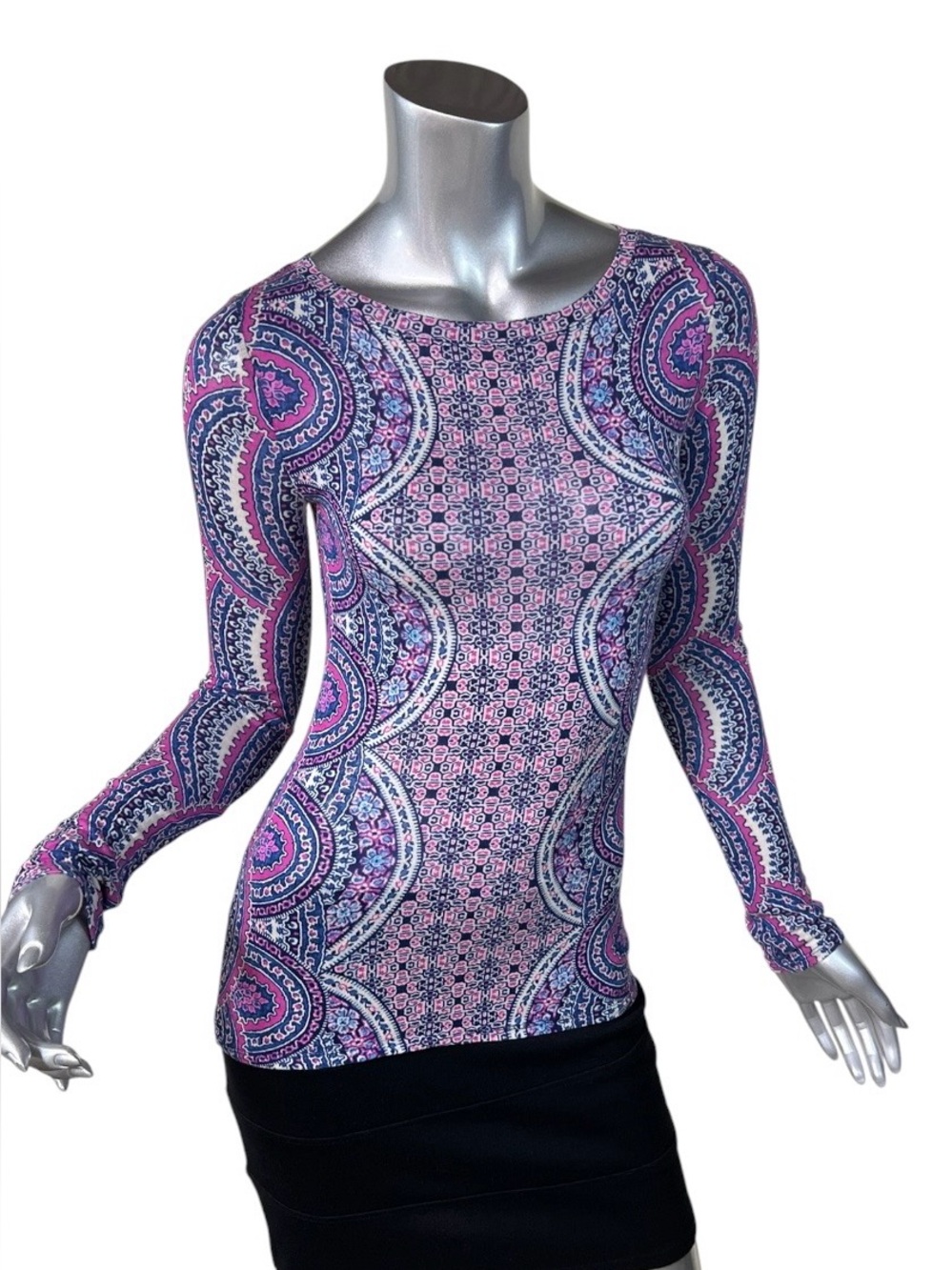 BCBGMAXAZRIA Paisley Kaleidoscope Print Long-Sleeve Fitted Mesh Top SMALL